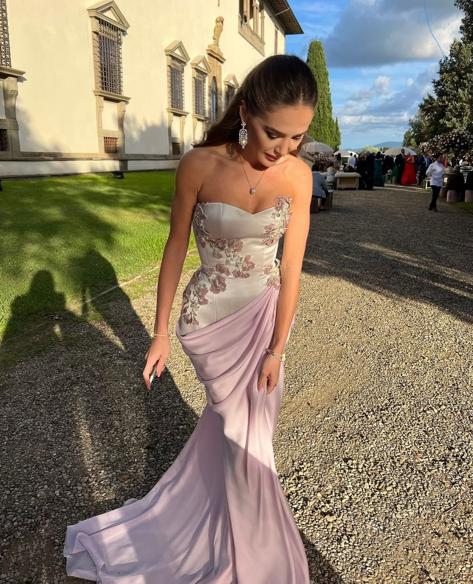 Elegant Strapless Pink Satin Chiffon Pleated Mermaid Long Party Dress Birthday Prom Gown With Gloves SP4127