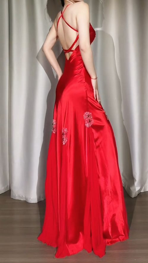 Stylish Spaghetti Straps Satin Beaded Mermaid Evening Dress Red Backless Long Party Dress SP1769