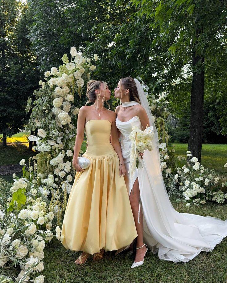 Sweet Strapless Satin A Line Yellow Long Wedding Guest Dress Formal Birthday Evening Dress SP1149