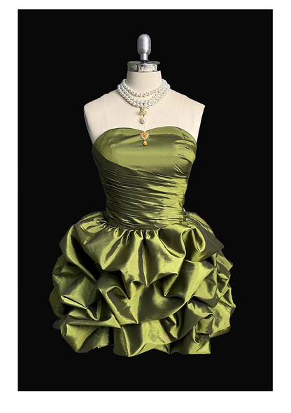 Vintage Green Strapless Satin Pleated Short Cocktail Dress Formal Graduation Homecoming Dress Y9564