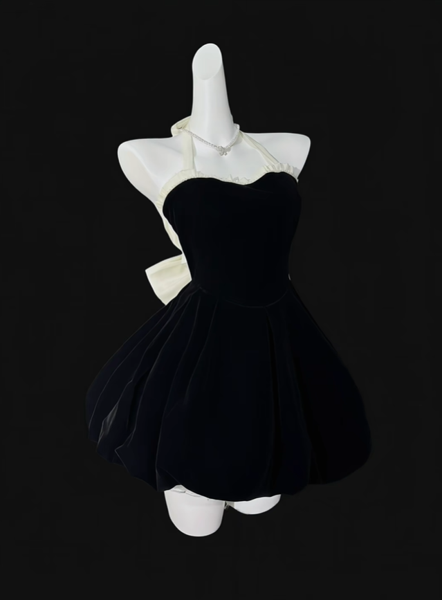 Fashion Black Halter Satin A Line Short Homecoming Dress Cocktail Dress With Bow SP3499
