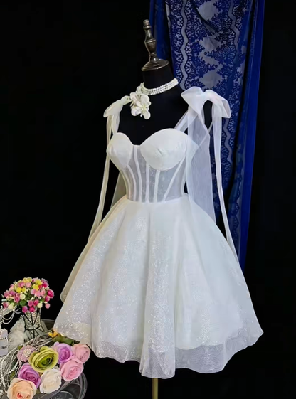 Shiny Bow Straps Sequin A Line Short Cocktail Dress White Short 6th Grade Homecoming Dress SP2371