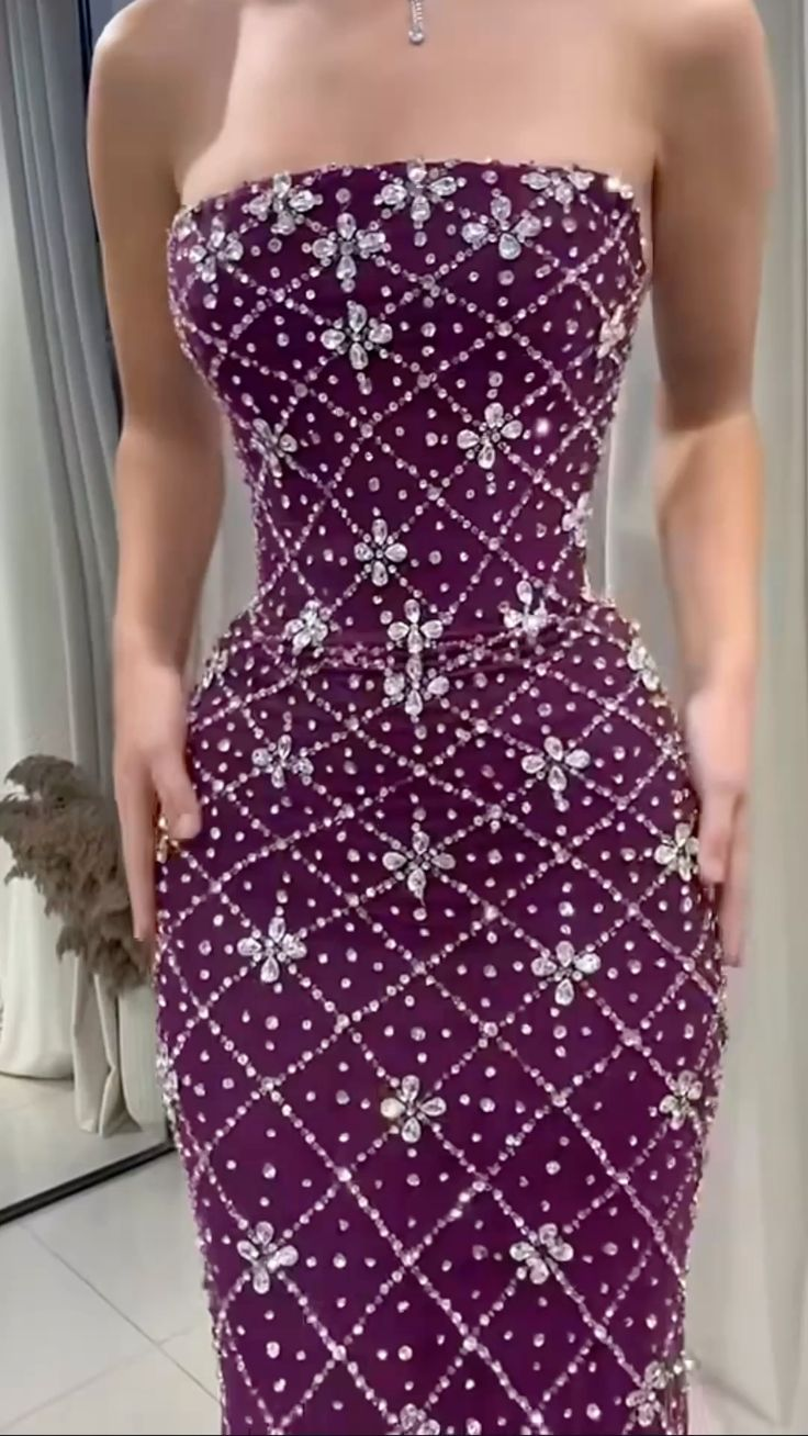 Luxurious Strapless Purple Tulle Beaded Long Evening Dress Birthday Prom Dresses SP1396