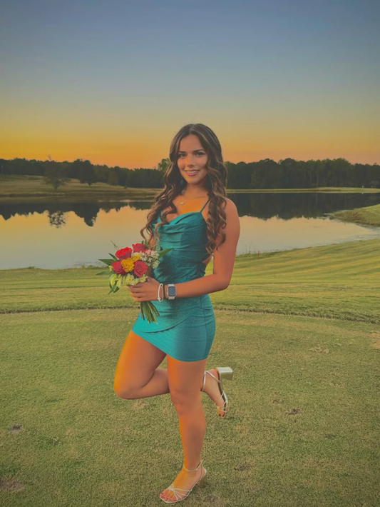 Simple Spaghetti Straps Green Satin Short Cocktail Dress Formal Graduation Homecoming Dress Y9483