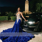 Royal Blue Sequins Mermaid Evening Dress With Sheer Neck Plus Size Formal Evening Occasion Gowns Y6358