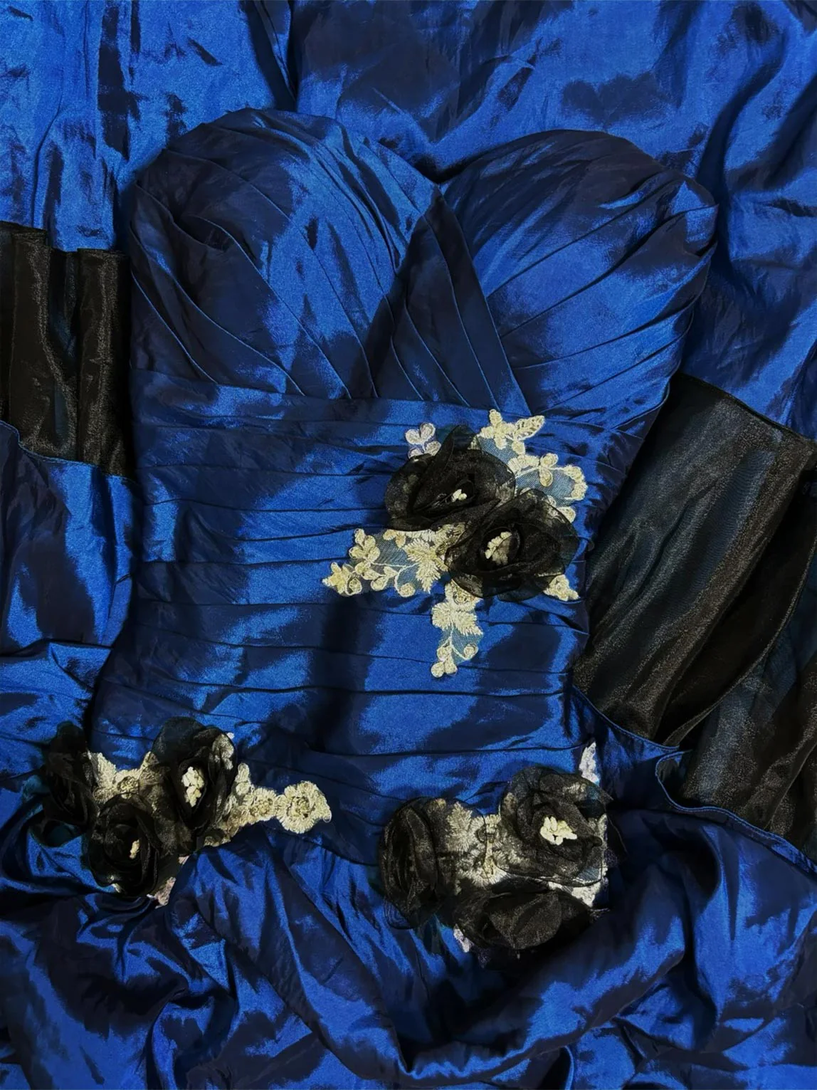 Retro Strapless Blue Satin Pleated Appliques Long Party Dress Prom Dresses SP1376