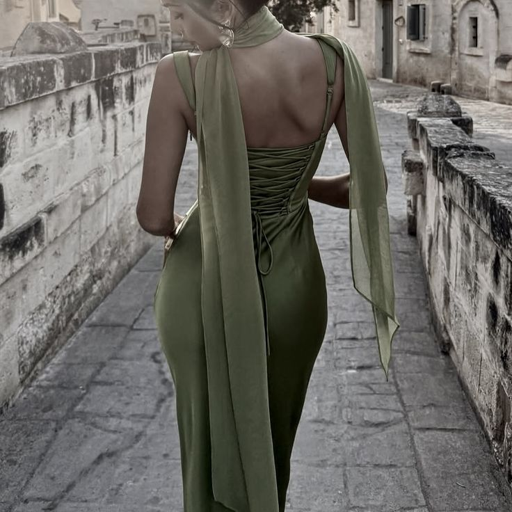 Vintage Olive Green Satin Pleated Mermaid Party Dress Long Wedding Guest Dress SP960