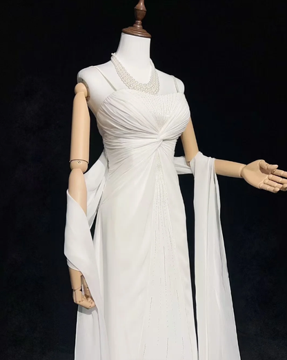 Classy Spaghetti Straps White Chiffon Beaded Mermaid Long Evening Dress Formal Birthday Prom Dresses With Cape SP1381