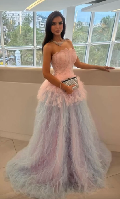 Elegant Strapless Beaded Tulle Pleated Mermaid Long Birthday Prom Dress Evening Dress SP921