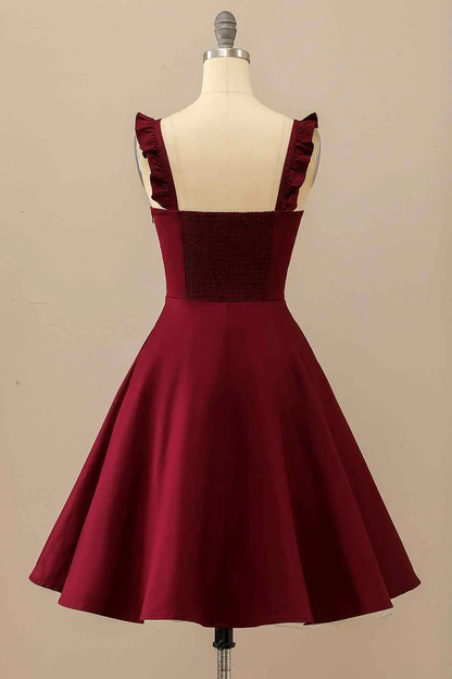 Burgundy A-line Ruffle Straps Satin Mini Homecoming Dress Y2176