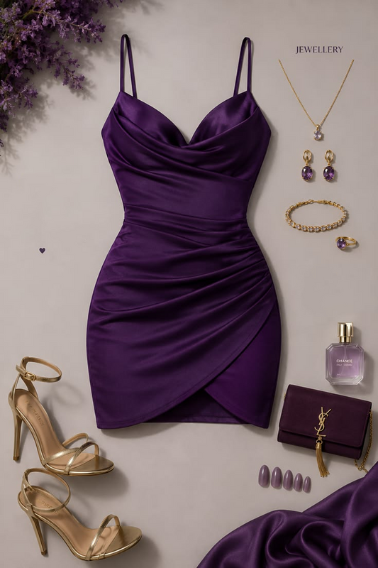 Sexy Purple Spaghetti Straps Satin Pleated Sheath Cocktail Dress Short 6th Grade Homecoming Dress SP2717