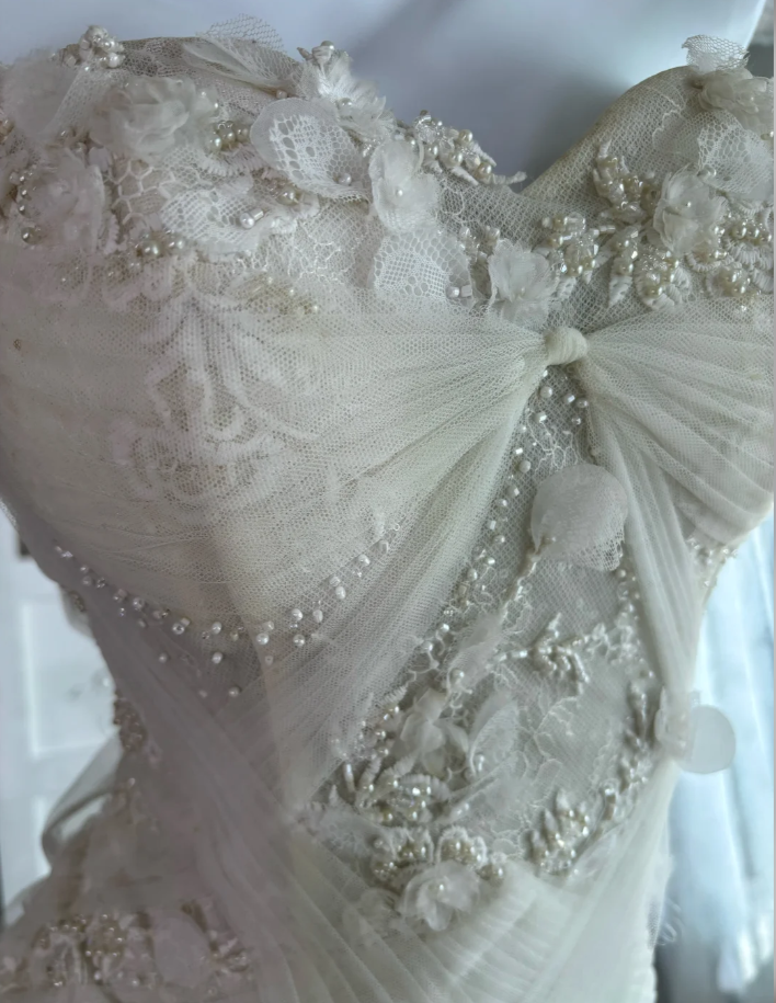 Classy Strapless Off White Tulle Beaded Appliques Mermaid Long Birthday Party Dress Prom Gown SP1463