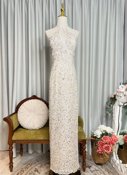 Sparkle Halter Backless Sequin Sheath Long Party Dress Formal Wedding Guest Dress SP630