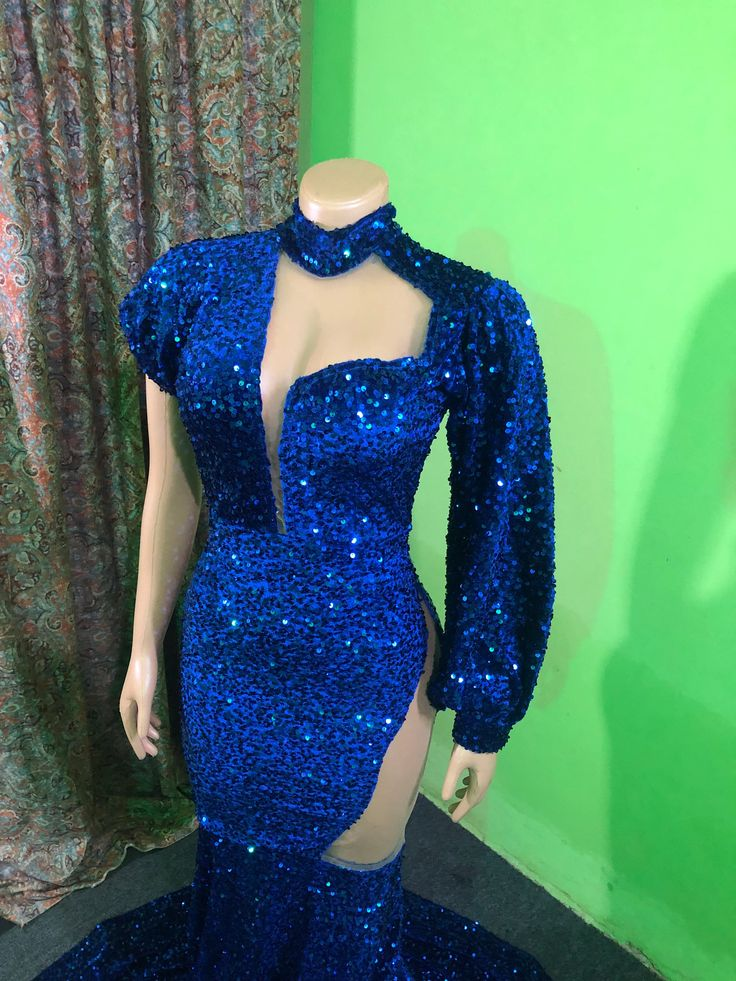 Blue Sequins Prom Gown,Wedding Reception Gown,Shimmery Dresses Y6656
