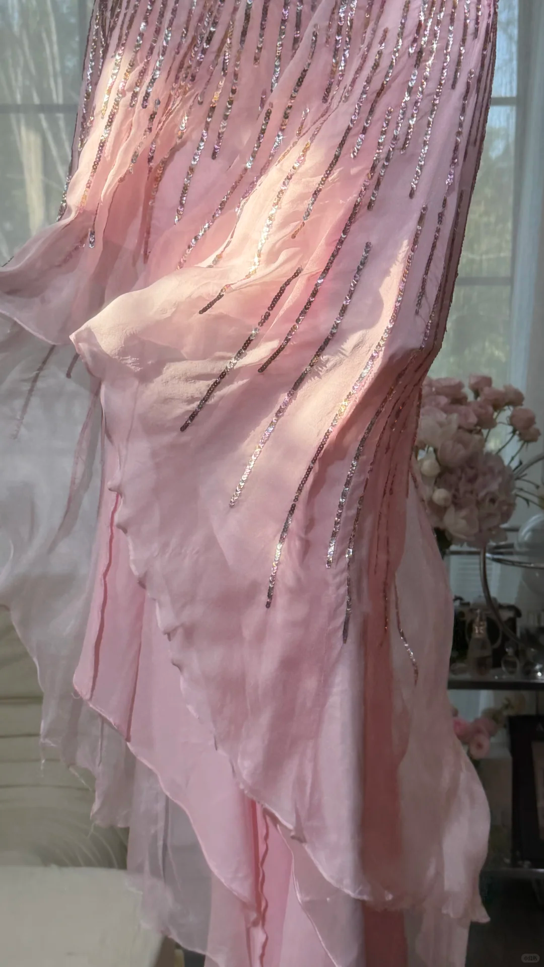 Shiny Strapless Pink Chiffon Sequin Long Evening Dress Birthday Prom Gowns SP2184