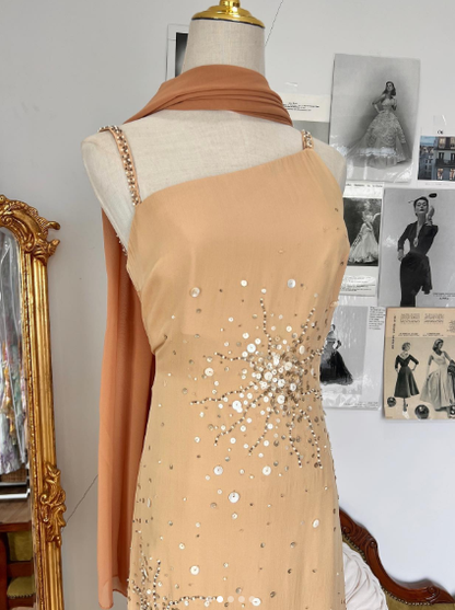 Vintage Spaghetti Straps Peach Hue Satin Sequin Beaded Party Dress Prom Dress With Flowing Scarf SP631