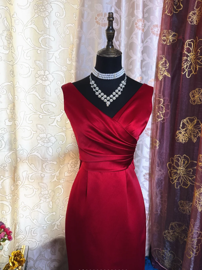 Classy Burgundy V Neck Satin Pleated Mermaid Party Dress Backless Long Birthday Prom Dress SP1949