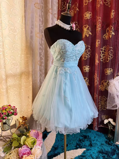 Elegant Strapless Blue Tulle Sequin Appliques A Line Short Homecoming Dress 19th Birthday Outfits SP80