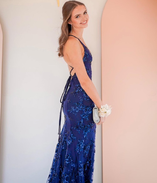navy blue mermaid tulle and sequins long formal prom dress with v neckline and lace up back Y1563