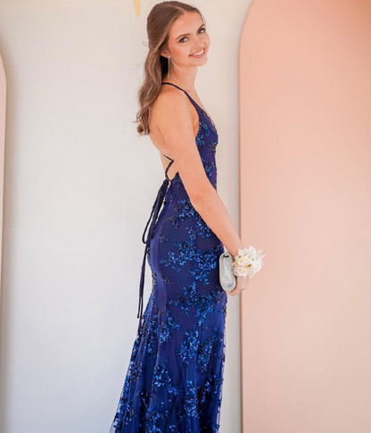 navy blue mermaid tulle and sequins long formal prom dress with v neckline and lace up back Y1563