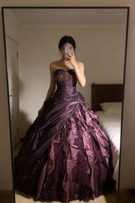 Vintage Sweetheart Neck Tulle Satin Pleated Ball Gown Purple Formal Birthday Quinceanera Dress SP1361