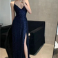 Womens Navy Sequined Slit Spaghetti Strap V Neck Full-Length Prom Dress Y6490