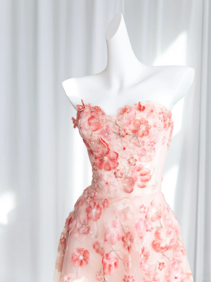 Pretty Pink Strapless Tulle Beaded Appliques Long Birthday Party Dress Prom Gown SP1511