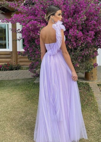 A-Line Long Tulle One Shoulder Prom Dress Y6299