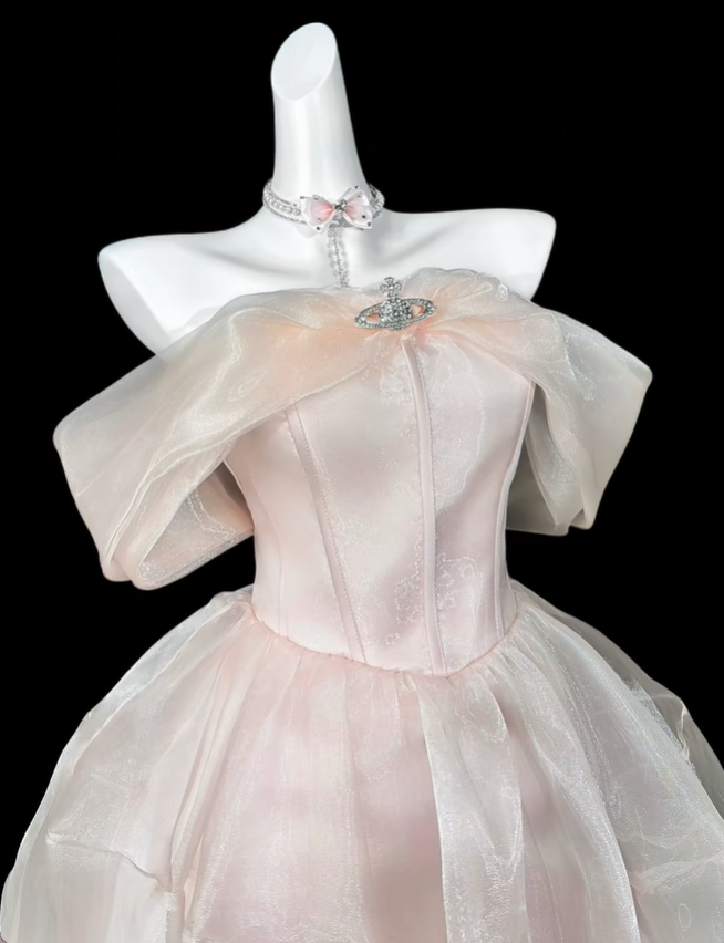 Pretty Light Pink Tulle A Line Short 6th Grade Homecoming Dress,Off The Shoulder Short Prom Dress SP3538