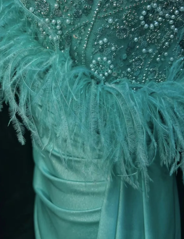 Elegant Green Satin Beaded Mermaid Long Party Dress Prom Gown With Feathers SP1819