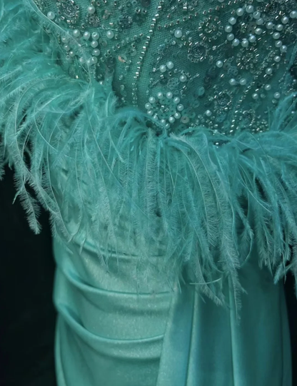 Elegant Green Satin Beaded Mermaid Long Party Dress Prom Gown With Feathers SP1819