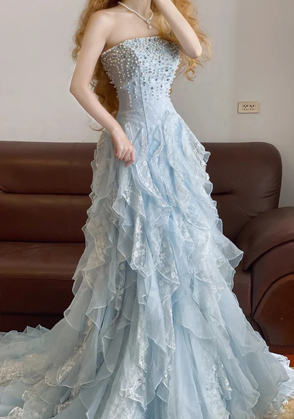 Classy Blue Strapless Tulle Lace Appliques Beaded Mermaid Long Evening Dress Birthday Prom Gown SP930