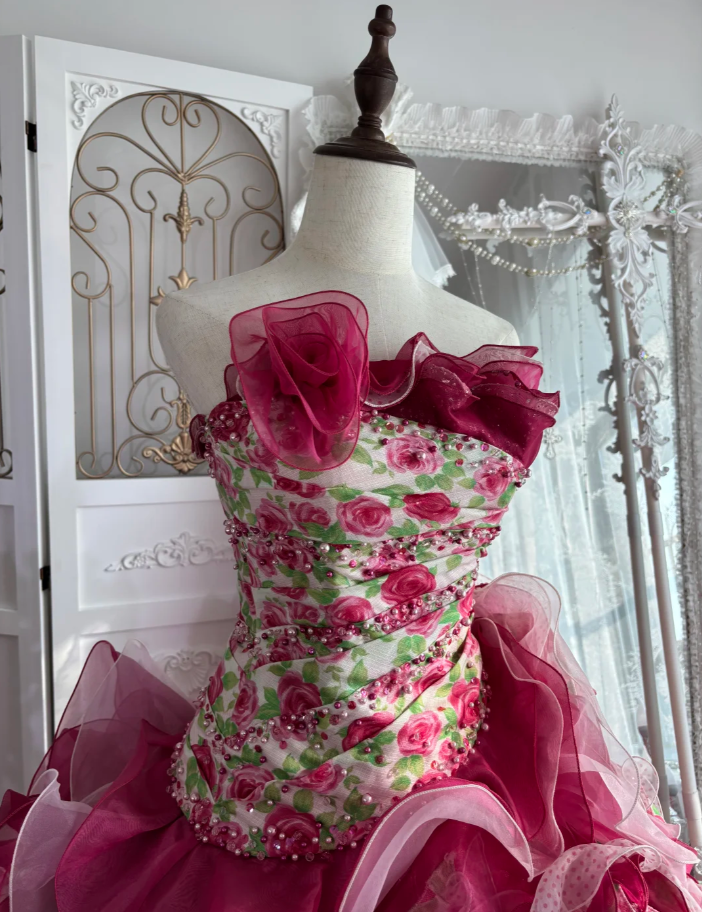 Pretty Strapless Rose Pink Satin Floral Beaded Tulle Layered Ball Gown Sweet Quinceanera Dress With Beaded SP1454