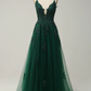 A Line Spaghetti Straps Dark Green Long Prom Dress with Criss Cross Back Y2003
