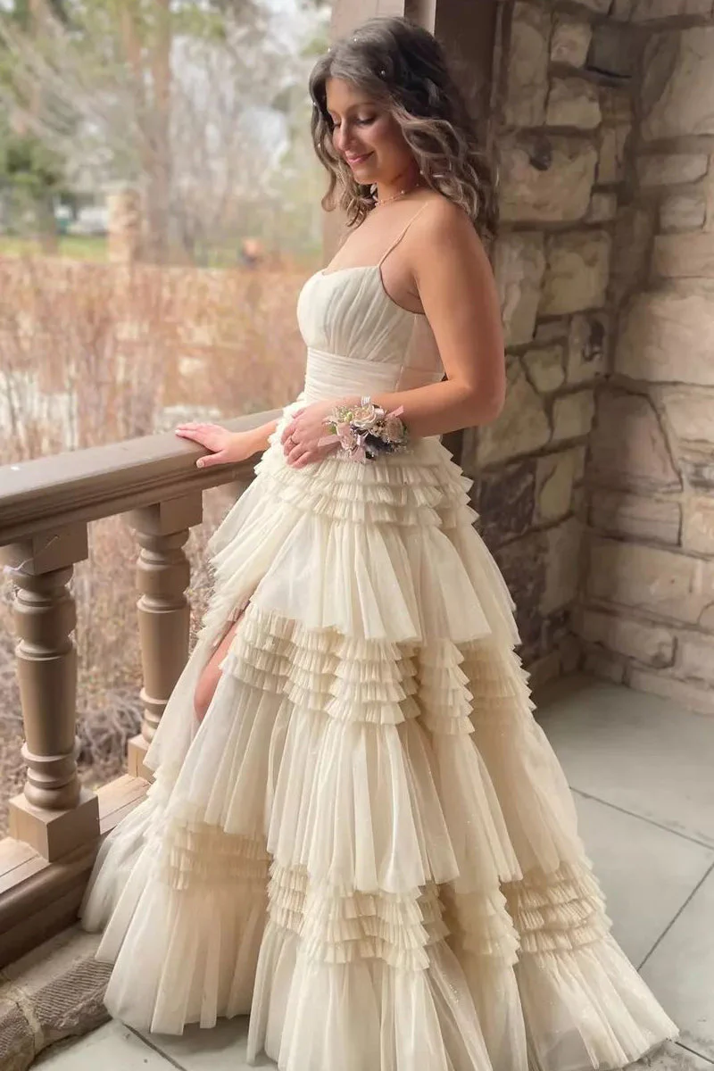 Champagne A-Line Spaghetti Straps Ruffles Formal Evening Dresses Long Simplepromdress Champagne A-Line Spaghetti Straps Ruffles Formal Evening Dresses Long Simplepromdress