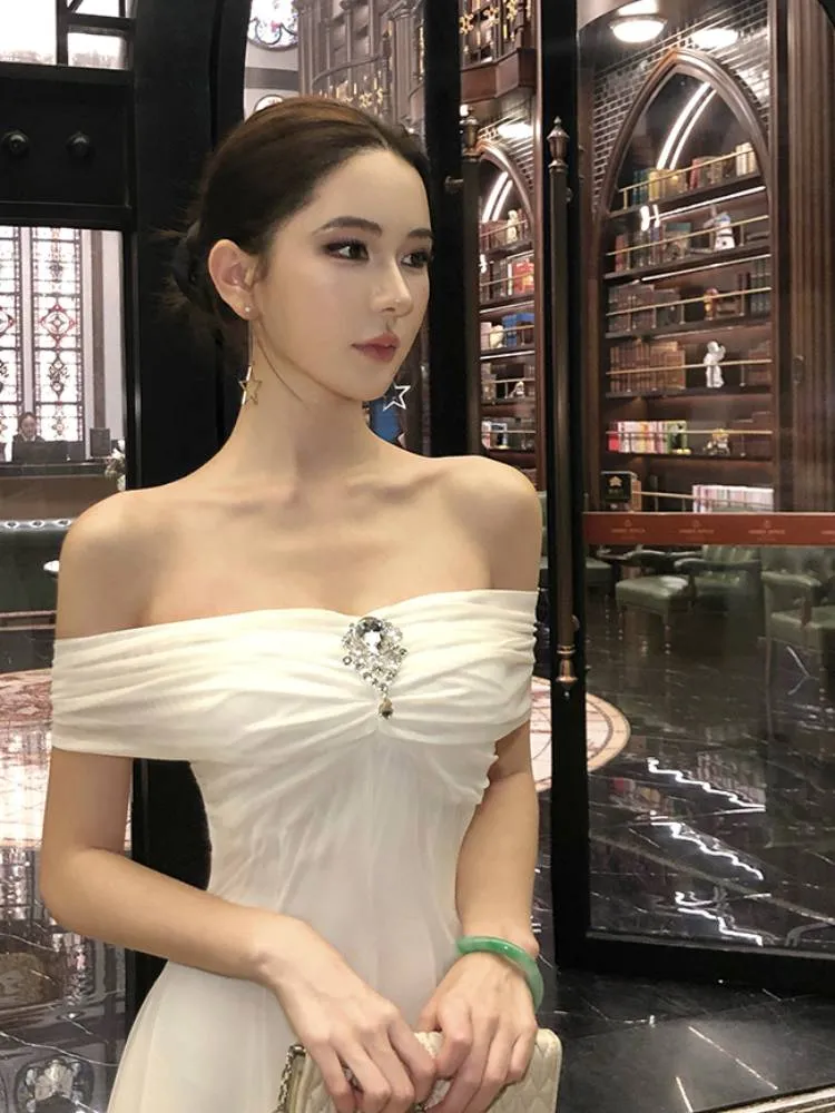 Elegant White Off The Shoulder Chiffon A Line Long Birthday Dress Evening Dress SP2295