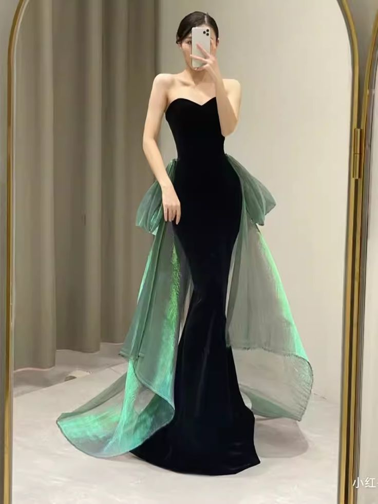 Sexy Mermaid Long Black Velvet Prom Dresses Long Prom Gown With Gloves Y7286