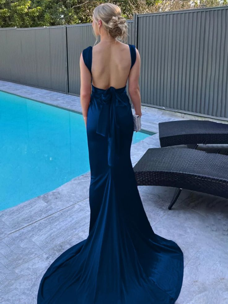 Fashion Burgundy Backless Mermaid Satin Pleated Long Party Dress, Formal Wedding Guest Dress With Train SP452
