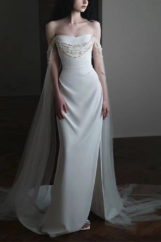 Elegant Off The Shoulder White Satin Wedding Dress,Long Evening Dress Y8739
