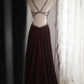 Sexy Burgundy Satin Beaded Backless Long Evening Dress Prom Gown SP848