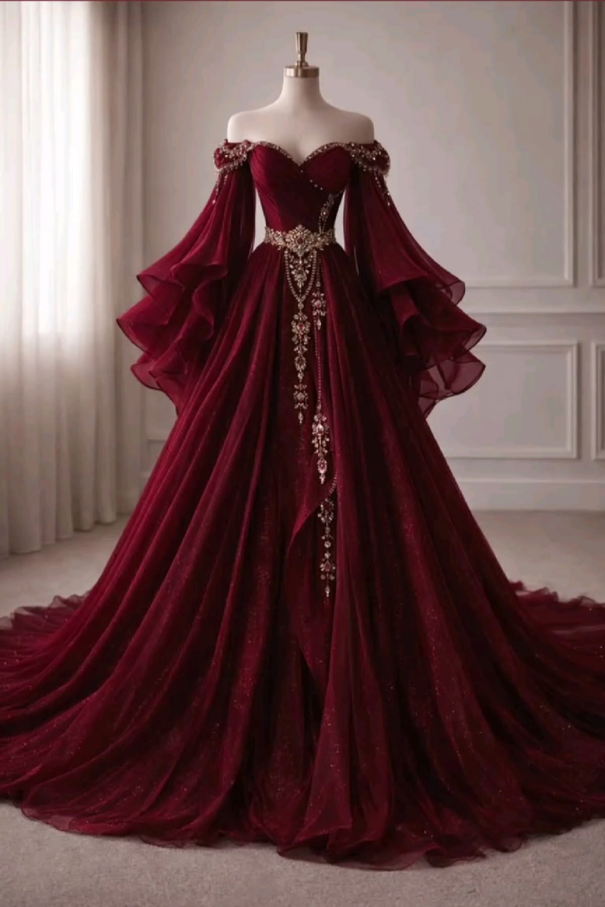 Gorgeous Off The Shoulder Chiffon Beaded Prom Dress Burgundy Party Dress SP4320