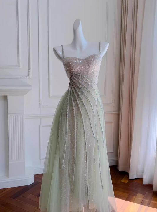 Sparkly Light Green Tulle Sequins Spaghetti Straps Homecoming Dress Y8825