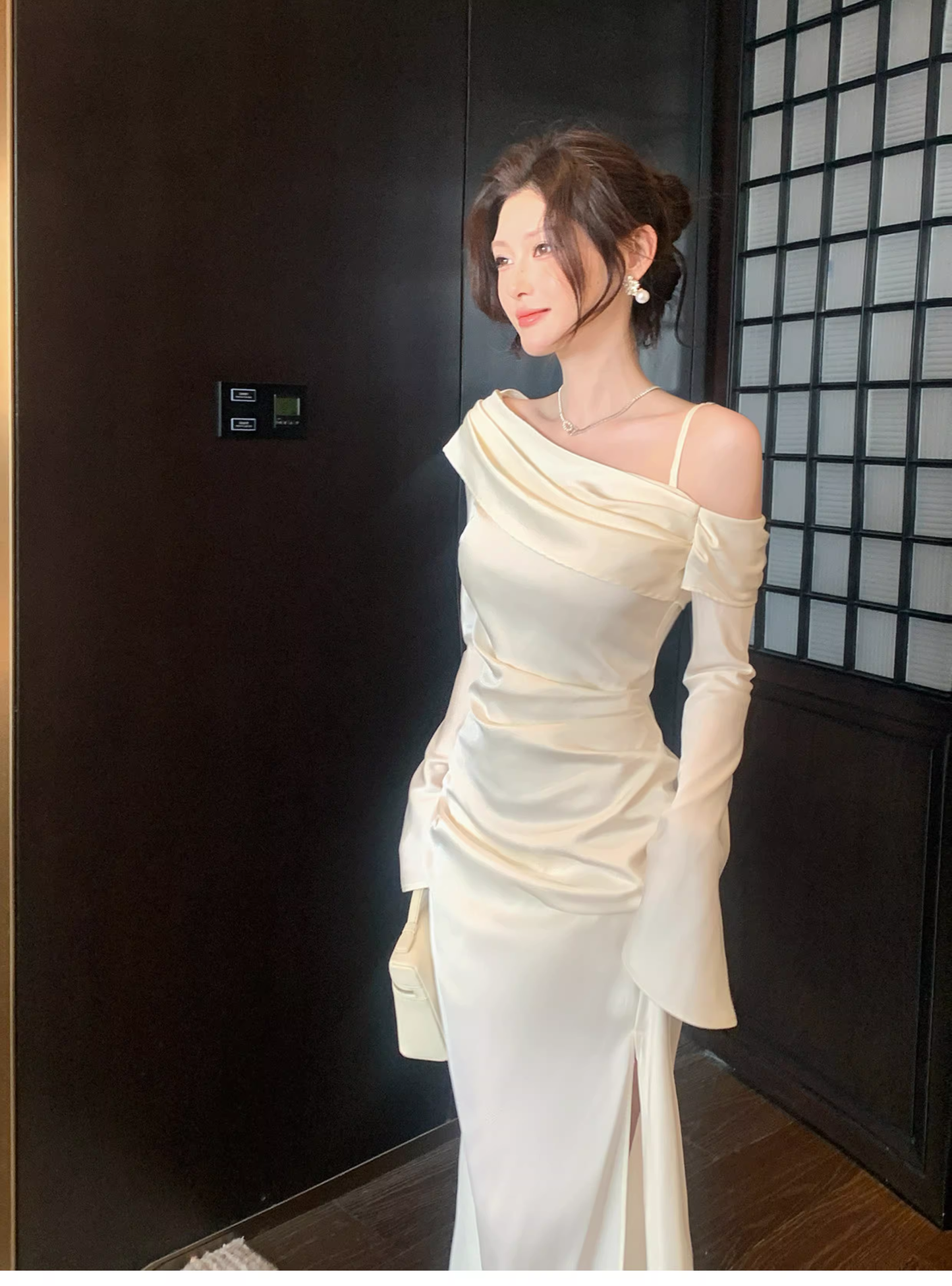 Classy Light Apricot Off The Shoulder Mermaid Slit Long Party Dress Prom Gown Formal Wedding Guest Dress SP1494