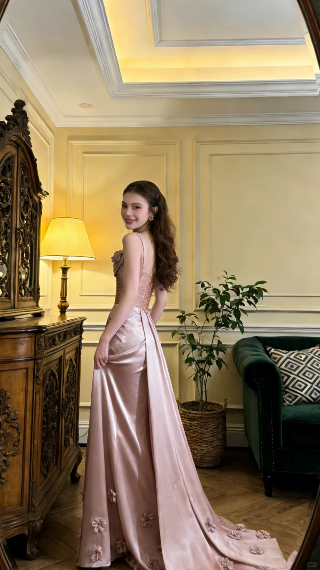 Beautiful Spaghetti Straps Pink Satin Pleated Mermaid Long Party Dress Prom Gown With 3D Flowers SP2061