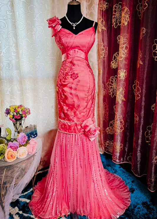 Vintage Spaghetti Straps Satin Embroidery Beaded Mermaid Evening Dress Pink Long Prom Gown SP2375