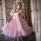 pink princess prom dress, puff sleeves organza dress, classic simple elegant dress Y6910