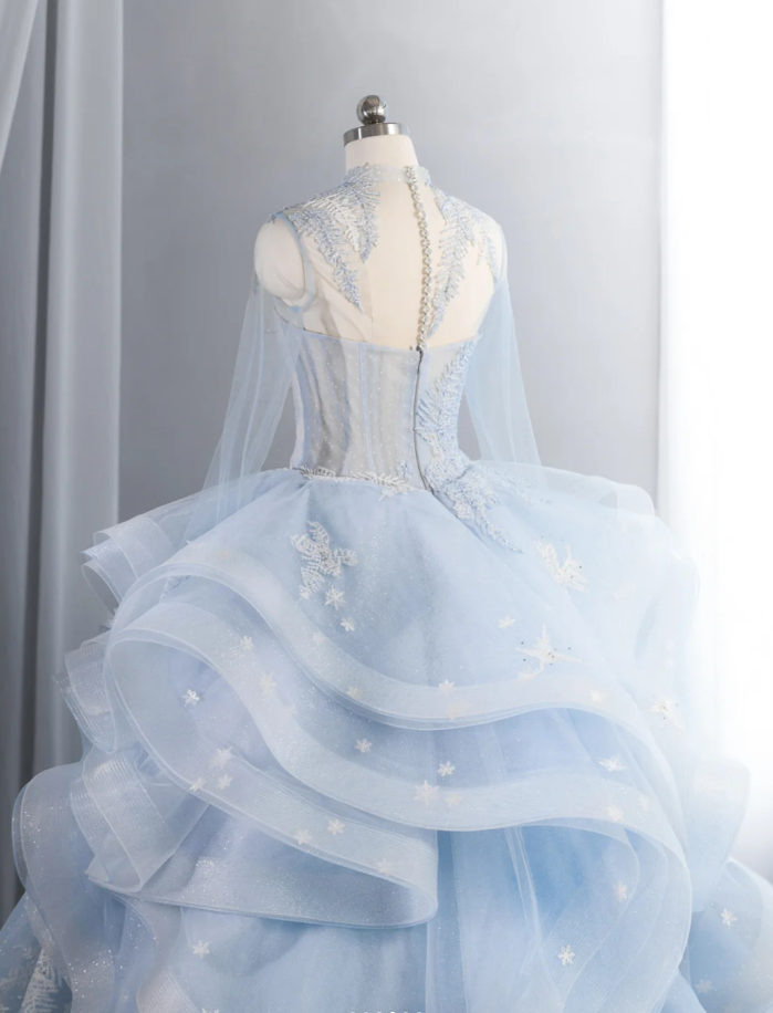 Charming Blue Tulle Sequin Appliques Princess Bridal Dress Long Wedding Dress SP1521
