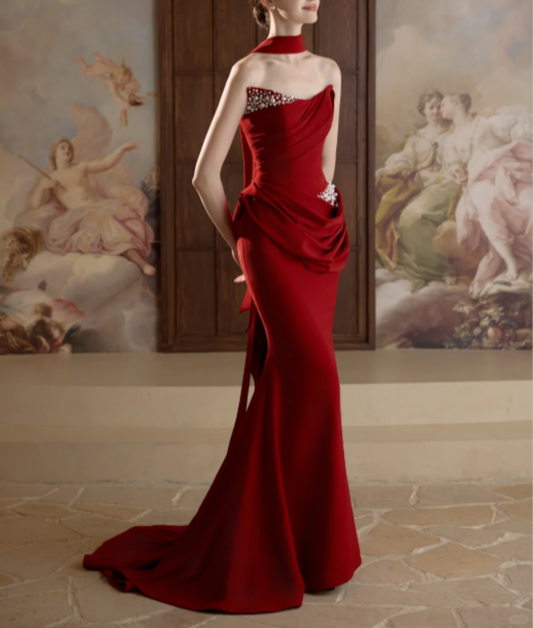 Sexy Red Satin Beaded Mermaid Party Dress Long Wedding Guest Dress SP2095