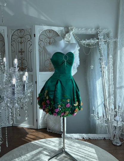 Vintage Green Strapless Satin Beaded Short Homecoming Dress Birthday Outfits With Appliques SP1458