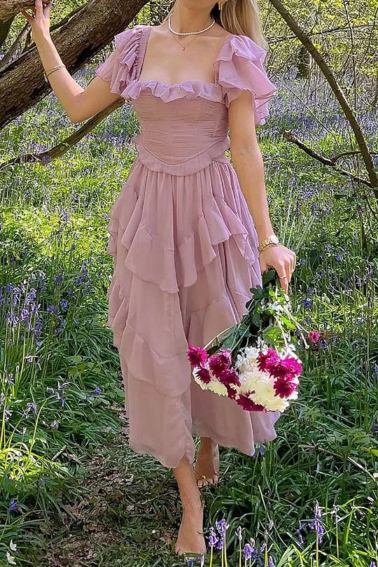 Elegant Lilac Square Chiffon Ruffled A Line Long Party Dress Birthday Dress SP2314
